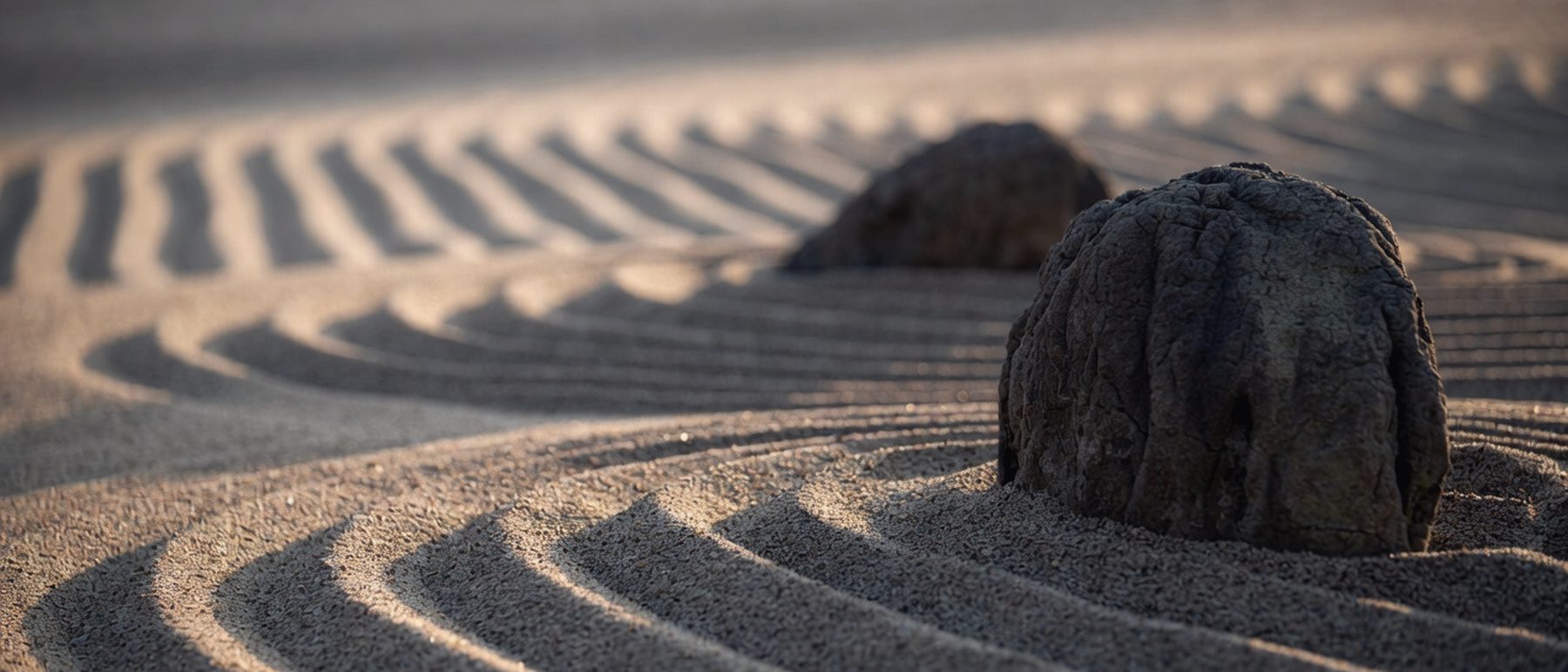 Steine in geharktem Sand, Streiflicht am Morgen